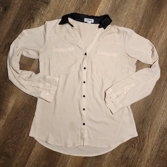 🖤EXPRESS 🖤The Portofino Shirt White/Cream Black Contrast Collar Sheer Blouse-M - Picture 1 of 4